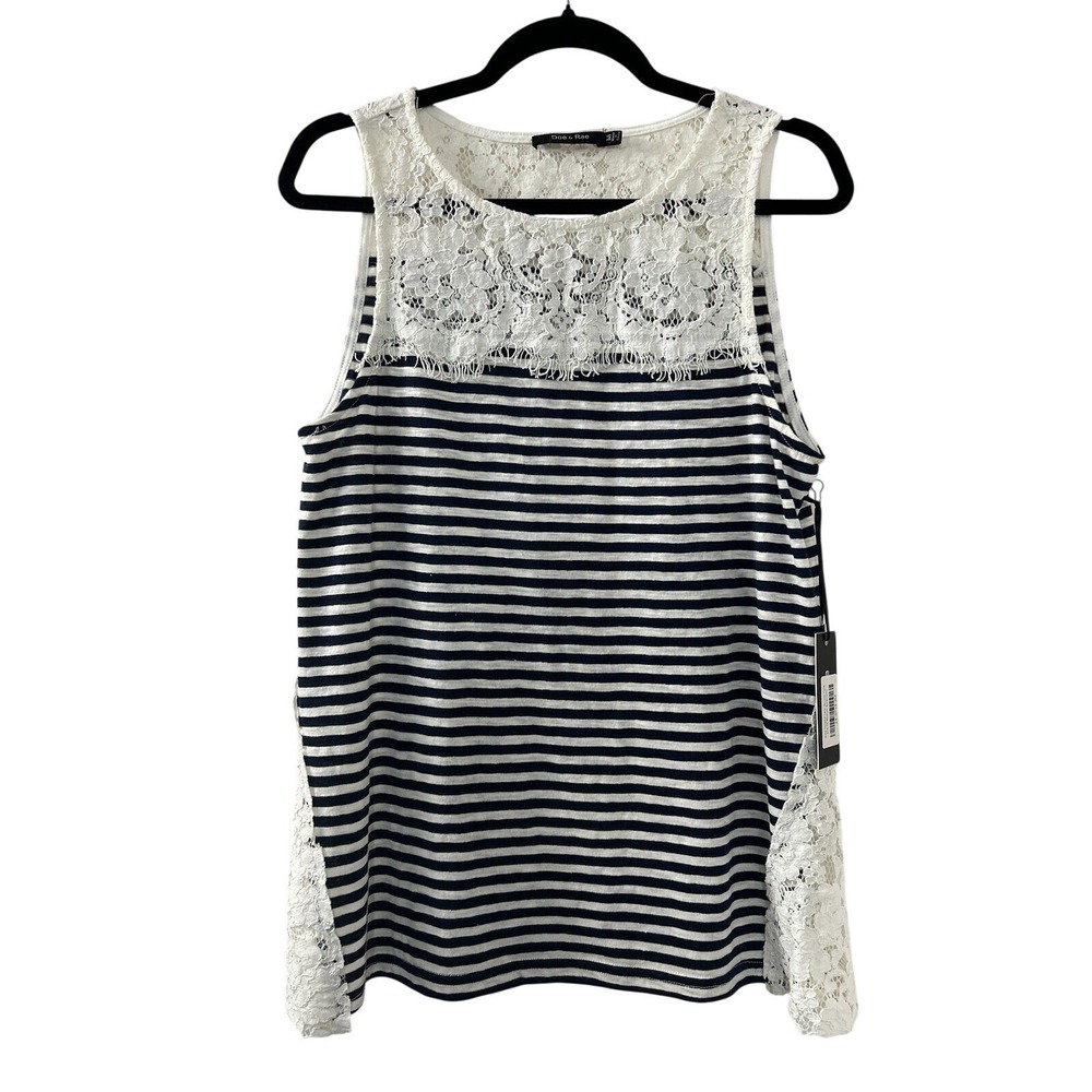 Doe & Rae‎ Striped Lace Accent Tank M Navy Ivory Floral Fringe Boho Romantic
